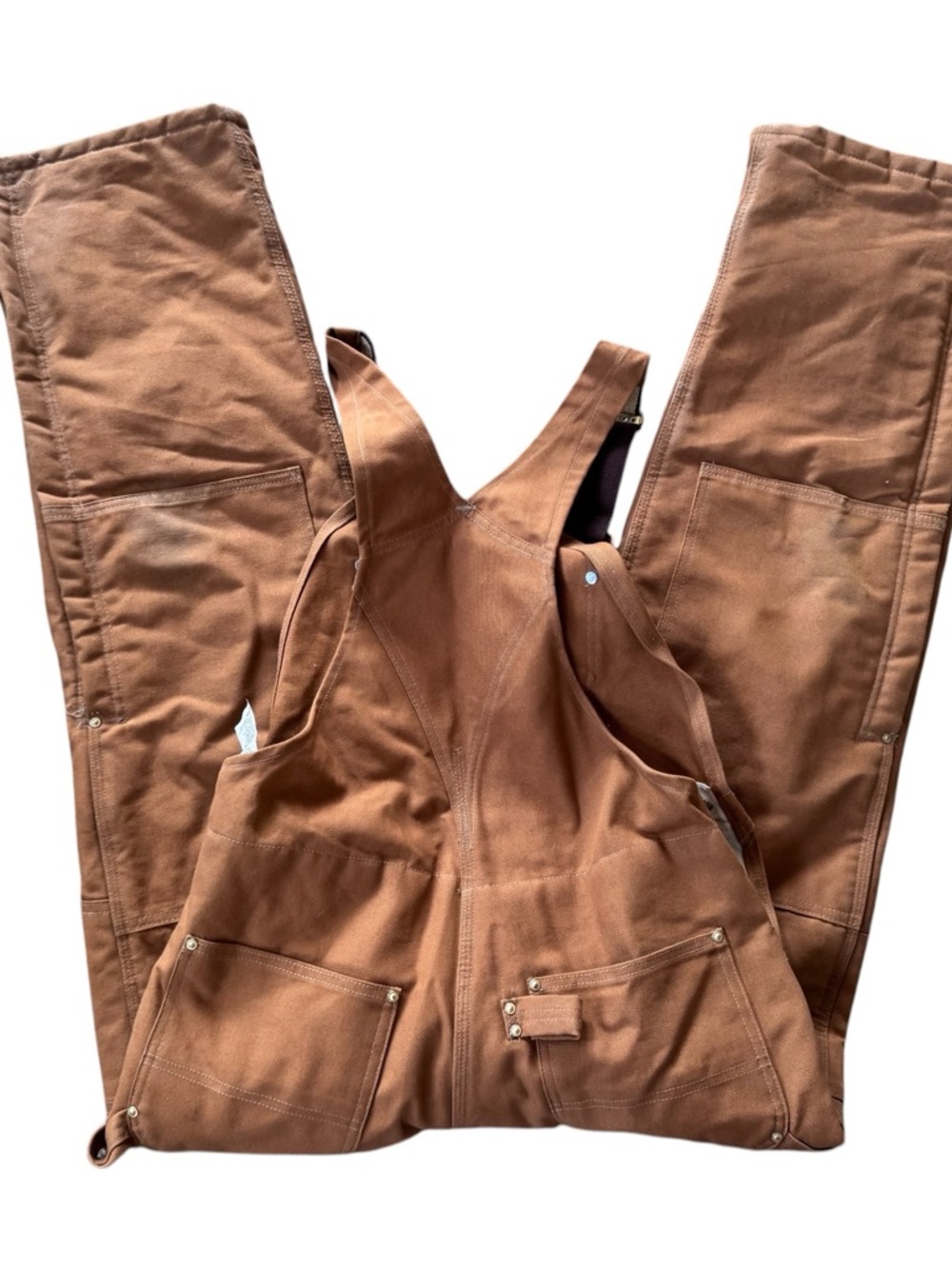 Carhartt R02 BRN Brown Duck Bib Overalls 34x32 Red Quilted Lined Double Knee USA - Picture 2 of 6
